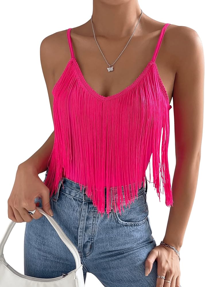 SweatyRocks Women's Fringe Sleeveless Boho Tassel Tank Top Slim Fit Cami Summer Tops