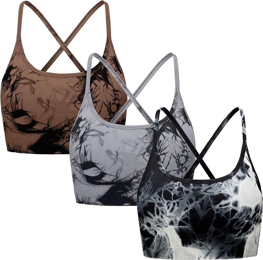 OVESPORT 3 Piece Women's Workout Sports Bras Seamless Tie-dye Strappy Gym Yoga Crop Bra