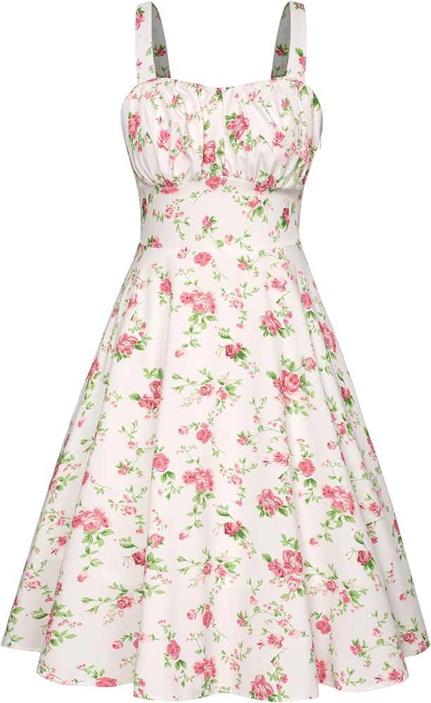 Belle Poque Women's Vintage Sleeveless Solid Floral Ruched Summer Cute A-Line Flowy Swing Midi Dress