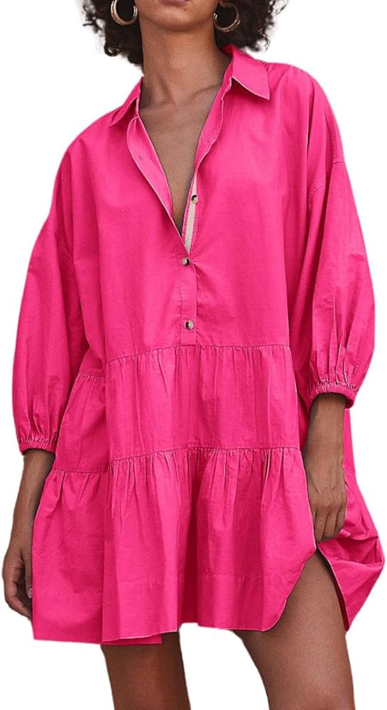 chouyatou Women's Summer Puff Sleeve Tiered Tunic Babydoll Dress Cute Mini Button Down Shirt Dress