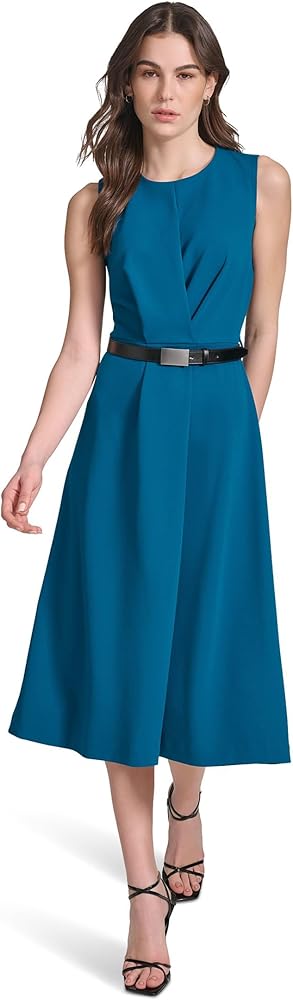 Calvin Klein Women's Sleeveless Scuba Crepe Belted Midi Dress