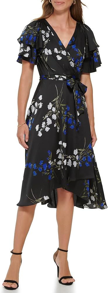 DKNY Women's Flutter Sleeve Fuax Wrap Dress