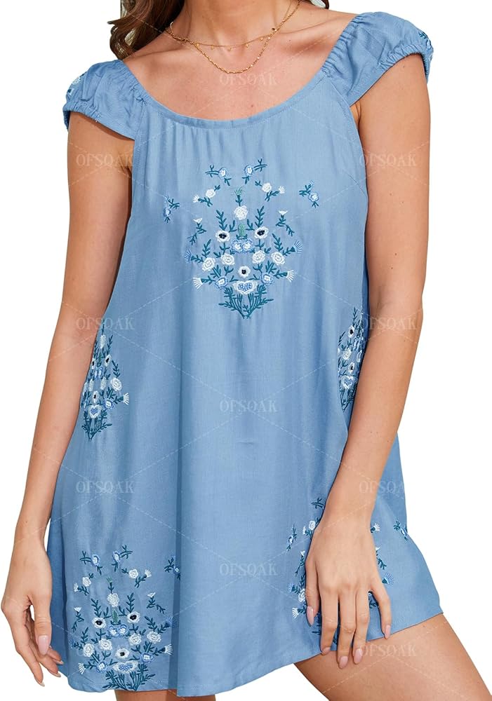 Women's Floral Embroidered Dress Summer Babydoll Short Dress Casual Wedding Guest Sundresses for Beach Vacation