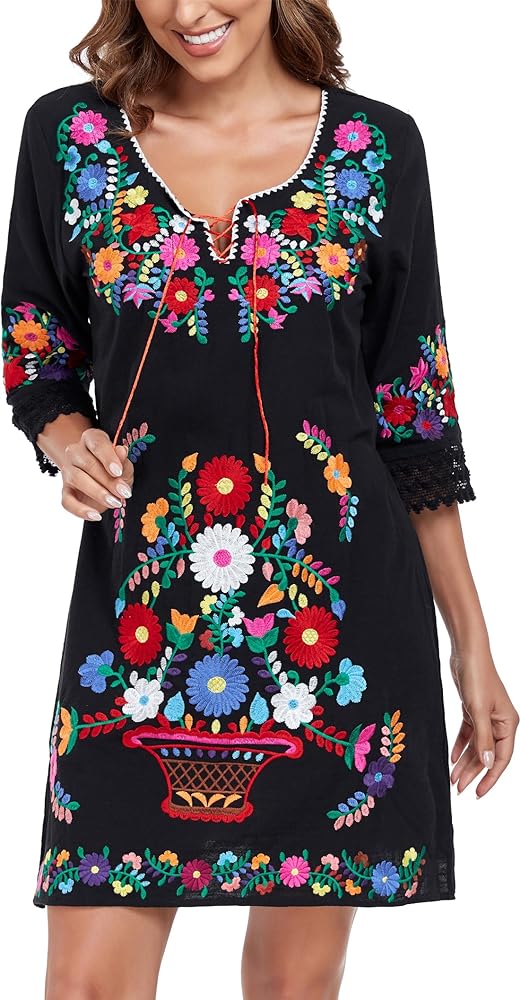 YZXDORWJ Women Mexican Embroidered Fiesta Dress V Neck Dress Short Sleeve