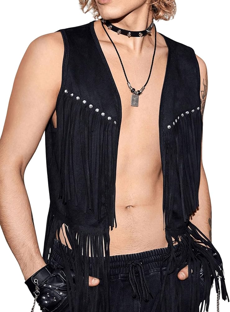 Verdusa Men's Sleeveless V Neck Studded Detail Fringe Trim Open Front Vest Jacket