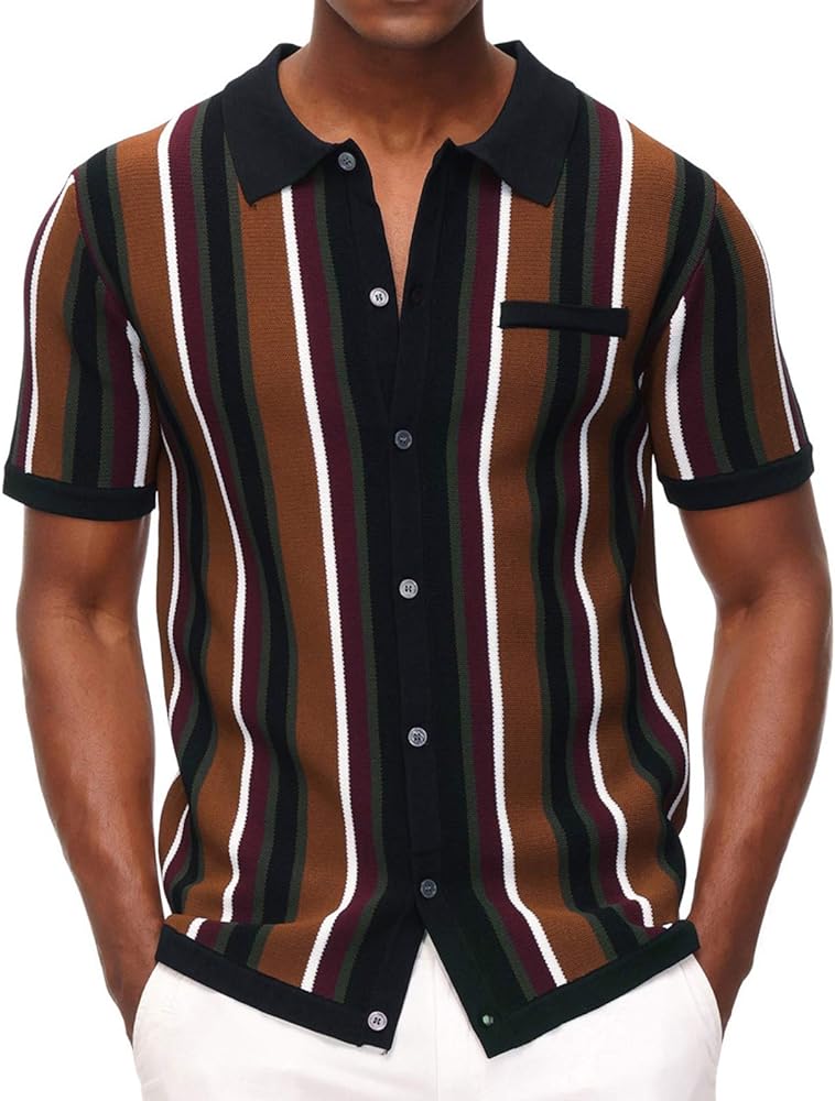 Men’s Short Sleeve Knit Shirt Vintage Stripe Lapel Collar Polo Shirt