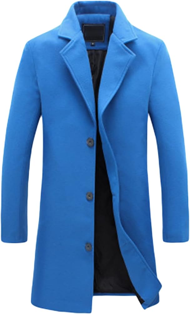 Men's Wool Blend Trench Coat Single Breasted Business Long Pea Coats Lightweight Notched Lapel Overcoat Jacket