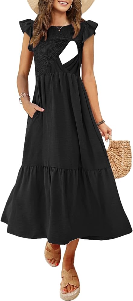 Women's Nursing Dress Flutter Short Sleeve Crew Neck Smocked Elastic Waist Tiered Midi with Pockets