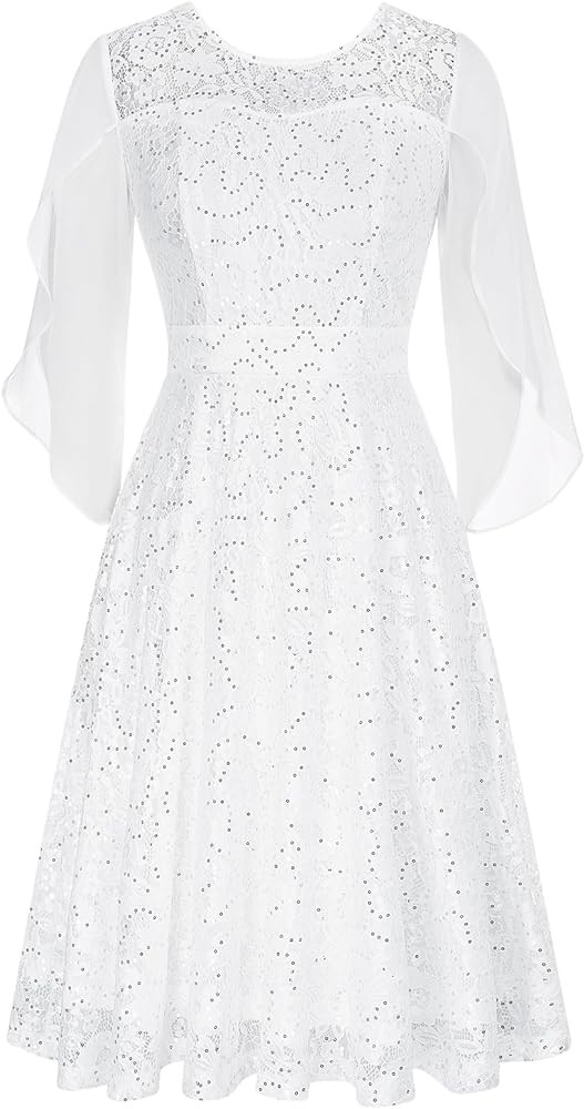 Women's Sequin Dresses A Line 3/4 Sleeve Cocktail Party Formal Wedding Guest Lace Dresses