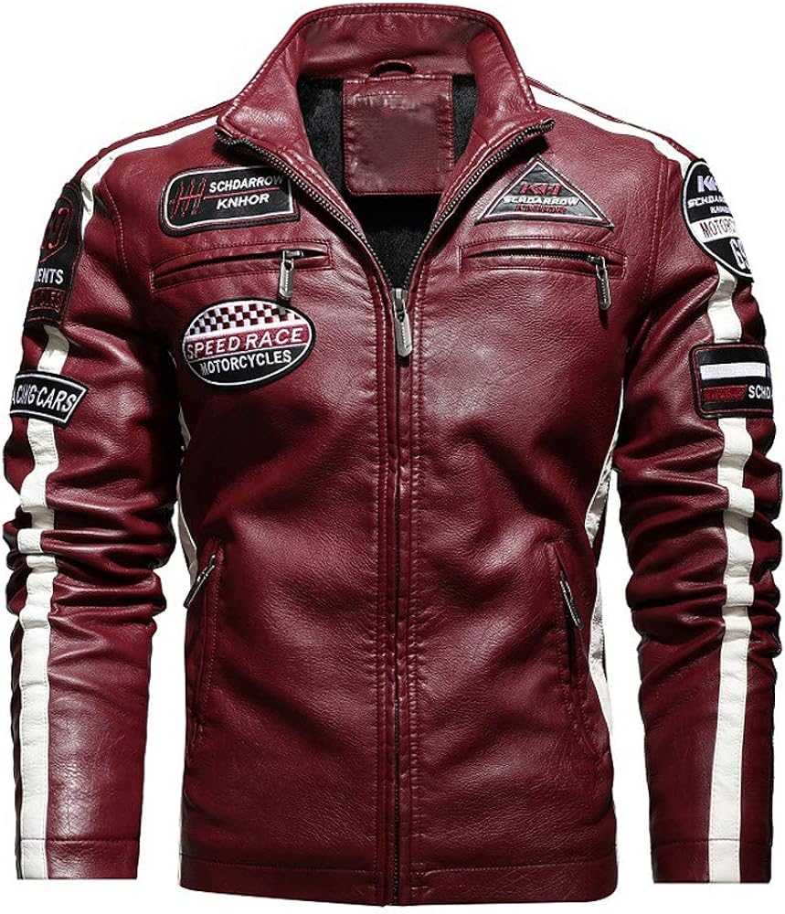 chouyatou Men's Thermal Fleece Lined Patchwork Moto Racer Faux Leather Jacket