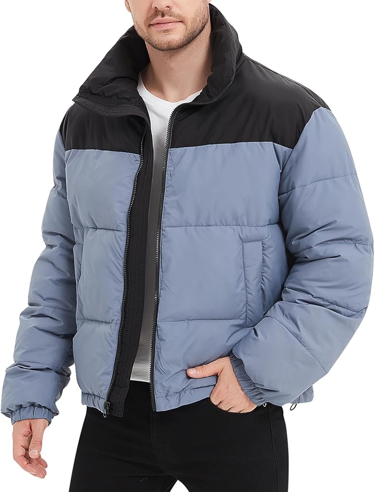 PEHMEA Men’s Puffer Jacket Stand Collar Zipper Coat with Pockets Retro Bubble Outwear for Winter