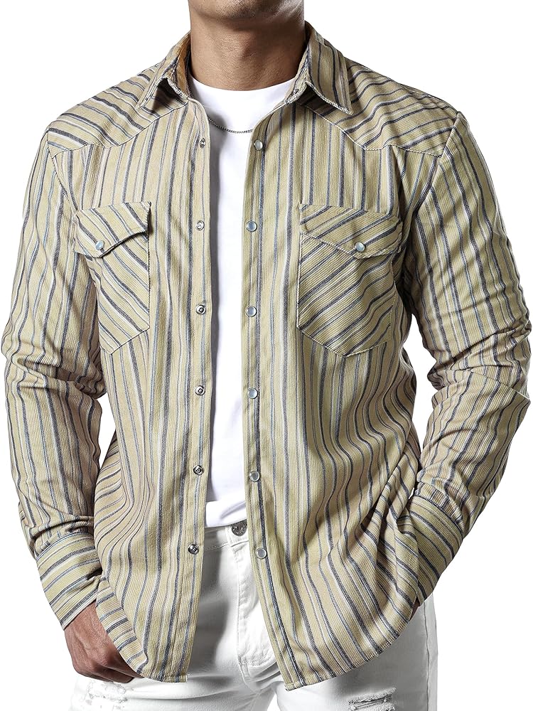 JOGAL Men's Corduroy Shirts Long Sleeve Striped Shacket Jacket with Two Flap Pockets