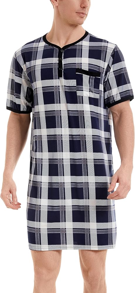 Men Summer Short Sleeve Henley Nightshirt Knee Length Sleepwear with Chest Pocket