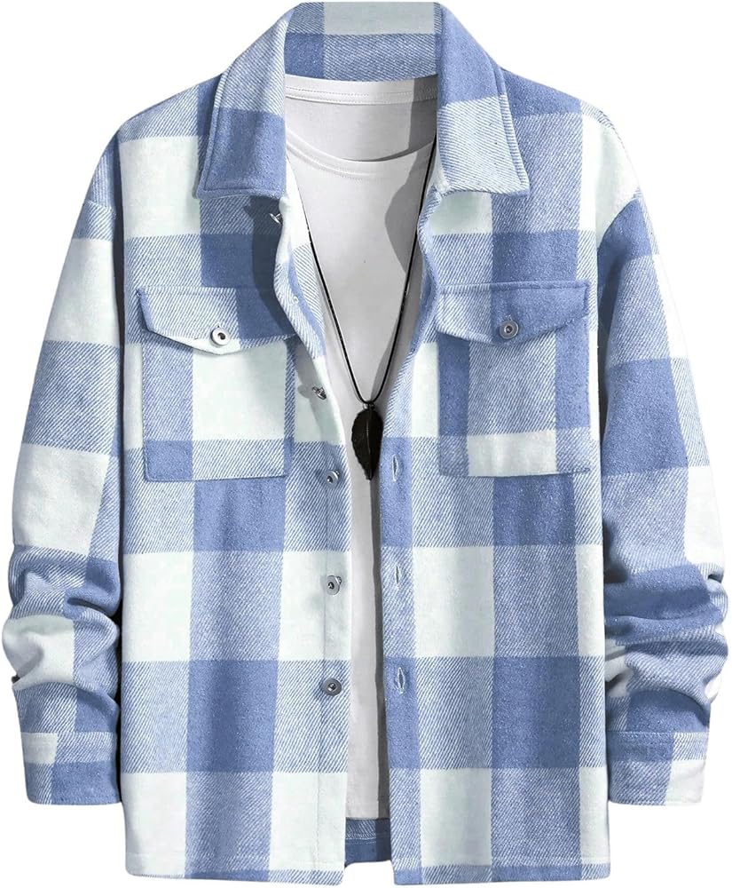 SOLY HUX Men's Plaid Shacket Jacket Button Front Long Sleeve Shirt Outerwear with Pockets