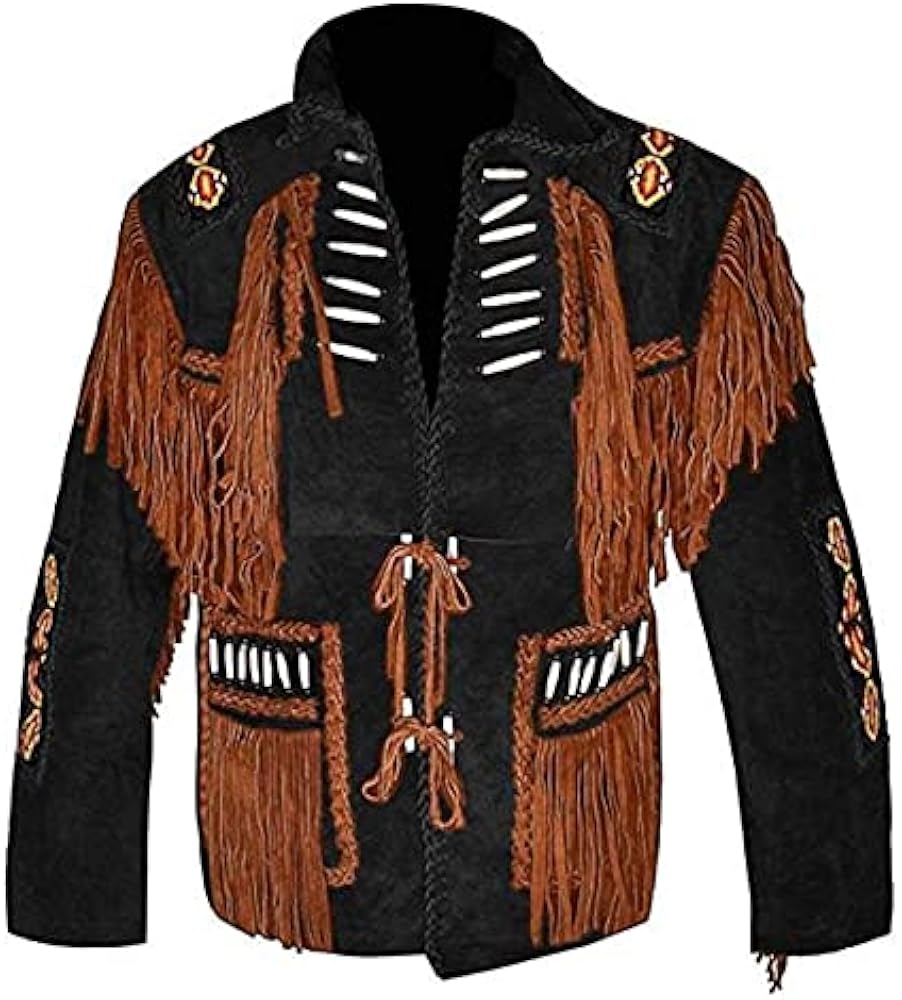 Men's Western Cowboy Leather Jacket Bone Fringed Suede Native American Leather Coat -Black