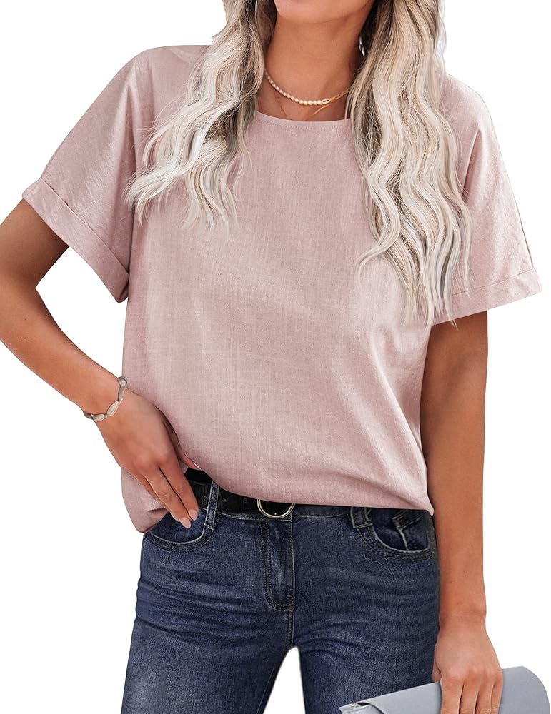 Chigant Women's Linen Shirts Short Sleeve Cotton Blouses Casual Loose Round Collar Solid Boxy Tunics Top