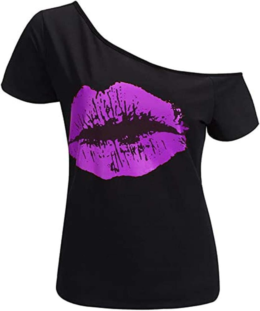 MAGICMK Women’s Short Lips Print Causal Off The Shoulder Plus Size T-Shirt Tops