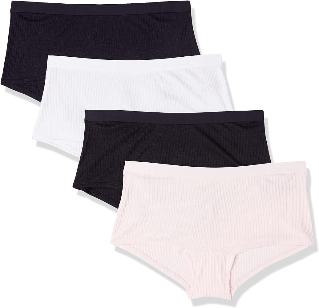 Amazon Essentials Women's Ribbed Boyshort Underwear, Pack of 4