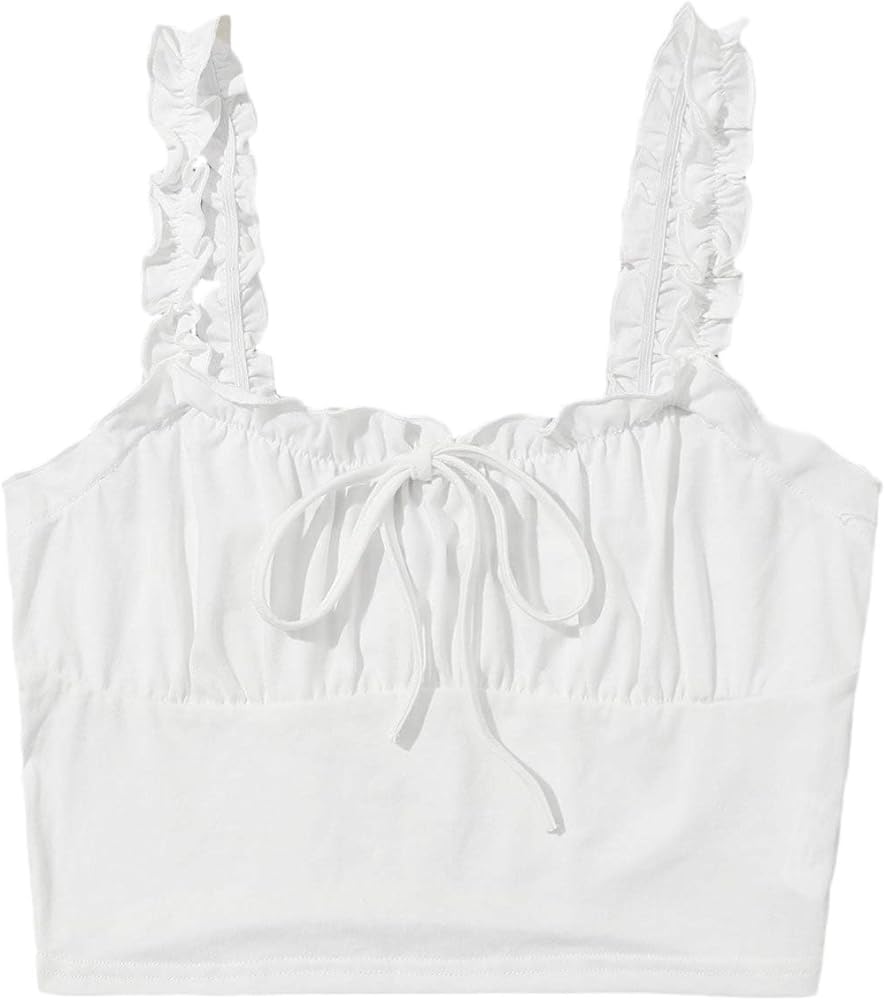 Verdusa Women's Frill Trim Strap Tie Knot Ruched Front Bustier Crop Top