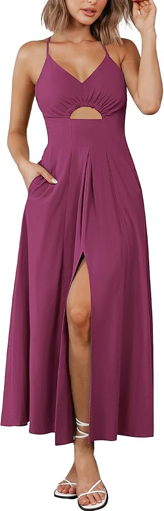 BTFBM Women 2024 Summer Spaghetti Strap Dress Sleeveless V Neck Cutout Slit Casual Beach Party Maxi Dresses with Pockets