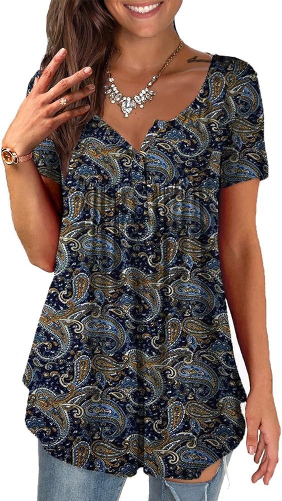 a.Jesdani Womens Summer Plus Size Tunic Tops Short Sleeve Blouses Casual Floral Henley Shirts