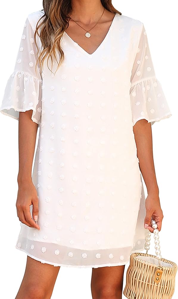 Blooming Jelly Womens White Dresses Short Sleeve V Neck Ruffle Cute Sun Dress Chiffon Flowy Shift Mini Dress