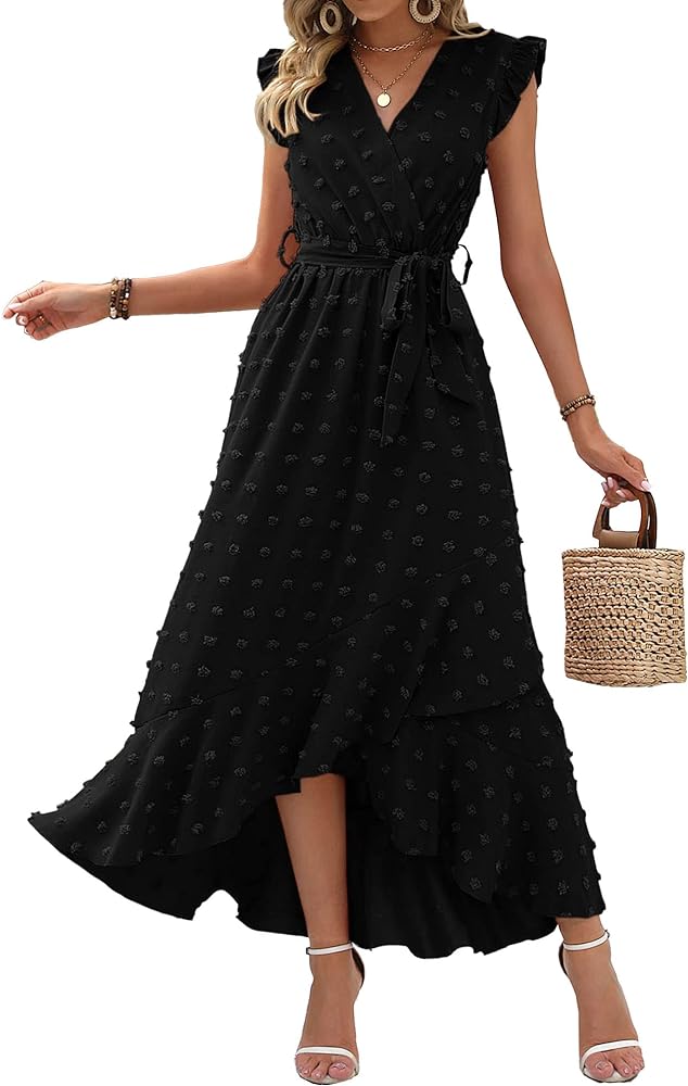 BTFBM Women's 2024 Summer Wrap V Neck Dress Ruffle Sleeve Swiss Dot Boho Ruffle Slit Beach Party Flowy Long Maxi Dresses