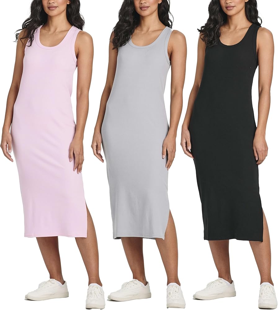 Real Essentials 3 Pack: Women's Ribbed Knit Sleeveless Crew Neck Tank Casual Midi Shift Dress with Slit