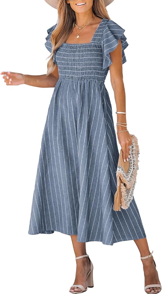 CUPSHE Women's Square Neck Striped Smocked Dress Ruffled Cap Sleeves Dress A Line Maxi Formal Dress