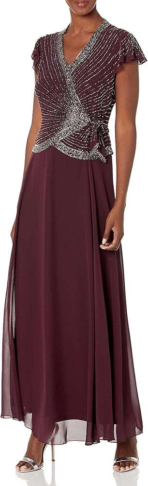 J Kara Women's Petite Faux Wrap Long Dress W/Flutter Sleeve