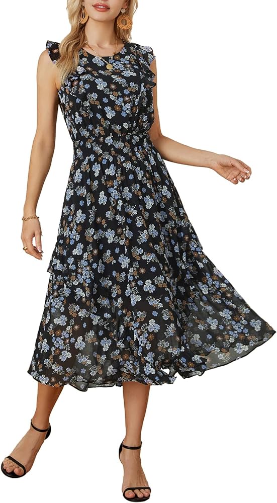 GRACE KARIN Women's Floral Midi Summer Dresses Sleeveless Ruffled Long Flowy Dresses Chiffon A Line Beach Dress Smocked Waist