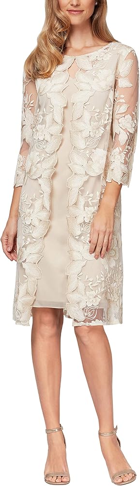 Alex Evenings Women's Short Embroidered Elongated Mock Jacket Dress