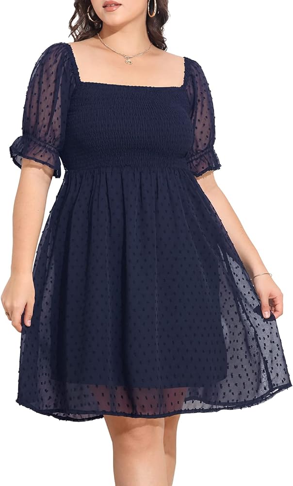 Women's Plus Size Puff Sleeve Square Neck Short Summer Sundress Chiffon Swiss Dot Flowy Smocked Dress