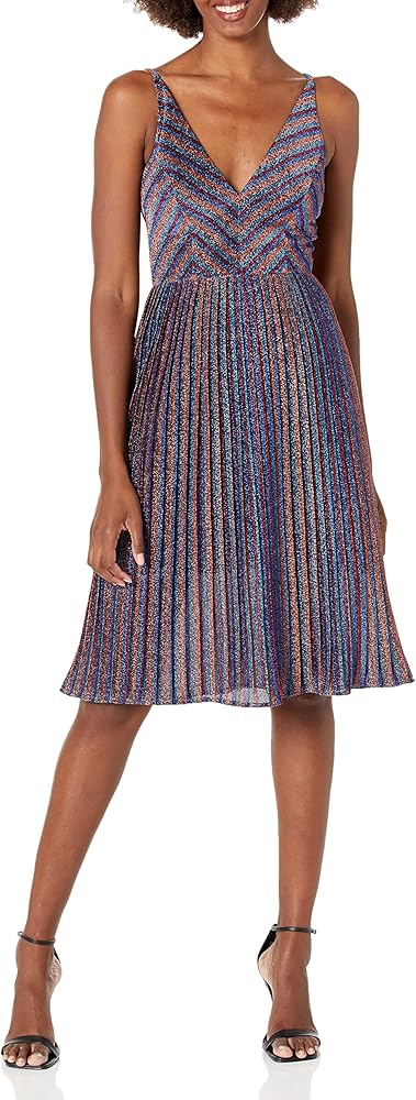 DRESS THE POPULATION Women's Haley Sleeveless Plunging Fit & Flare Pleated Party Dress