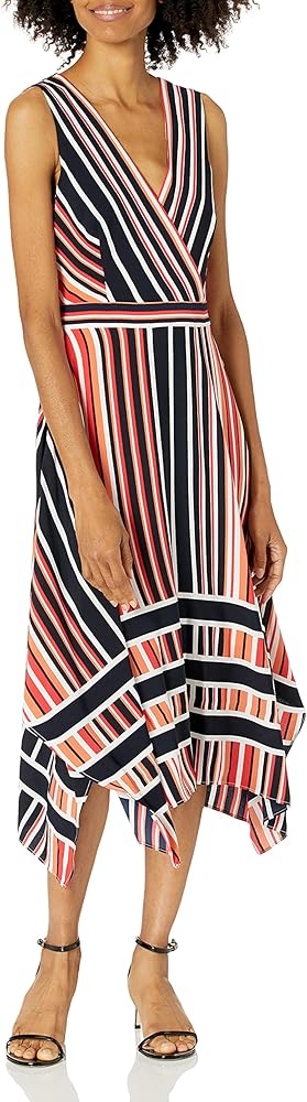 KARL LAGERFELD Women's Striped Hammered Crepe Asymmetrical Hem Midi Dress