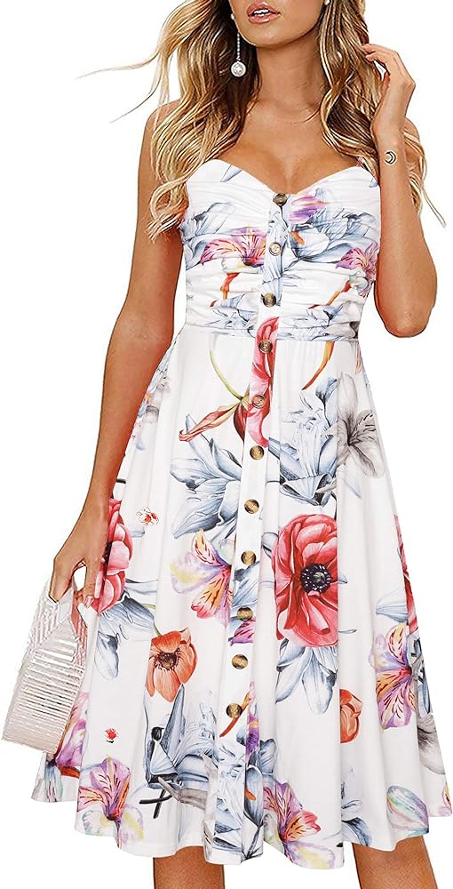 Drimmaks Women's Summer Casual Dress Florals Buttons Down Ruched Sweetheart Neck Sleeveless Midi Sundress