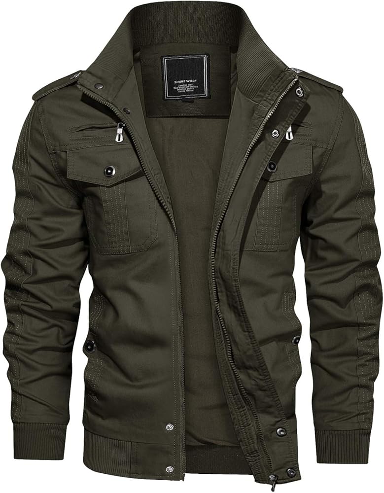 CRYSULLY Men's Spring Fall Casual Windbreaker Jacket Cargo Stand Collar Military Bomber Jackets Coat