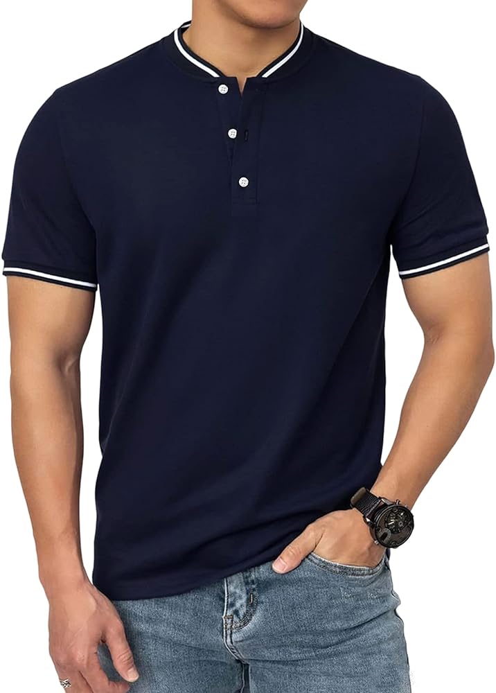 Men's Polo Shirts Casual Short Sleeve Cotton Pique Polo T Shirts Classic Collarless Golf Shirts for Men