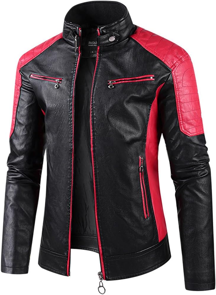 Men's Motorcycle Jacket Stand Collar Leather Jacket Spring Trendy Color Block Motor Biker Jacket S-5XL