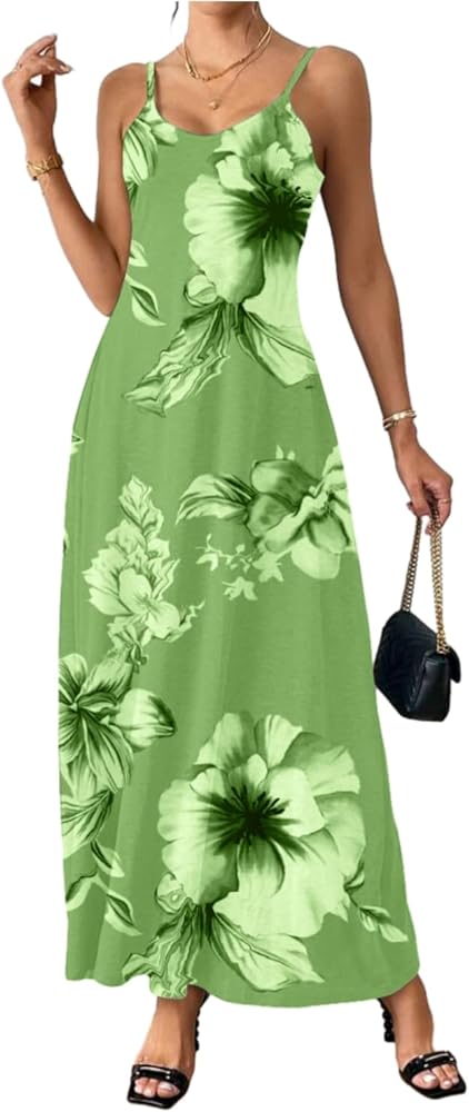 Women's Summer Dress Spaghetti Strap Maxi Dress Low Cut Long Floral Dress Satin Slip Vacation Casual