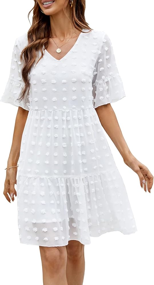 Women's Chiffon Summer Flowy Mini Dress Casual Short Sleeve Ruffle Swiss Dot Babydoll Tiered Loose Dresses 859