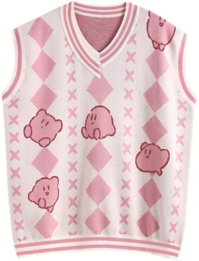 Kawaii Pink Sweater Vest Japanese Anime Cute Baggy Oversized Knit Vest for Girls Women Aesthetic Clothes