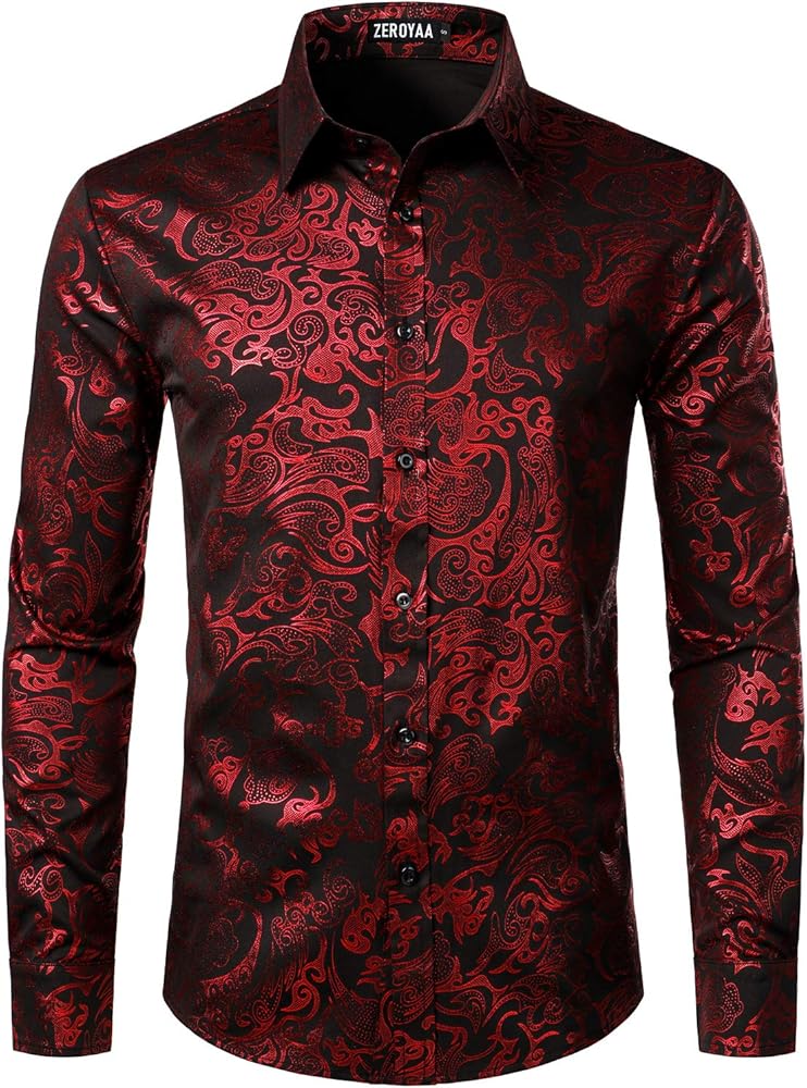 ZEROYAA Men's Luxury Gold Prom Design Slim Fit Long Sleeve Button up Party Dress Shirts