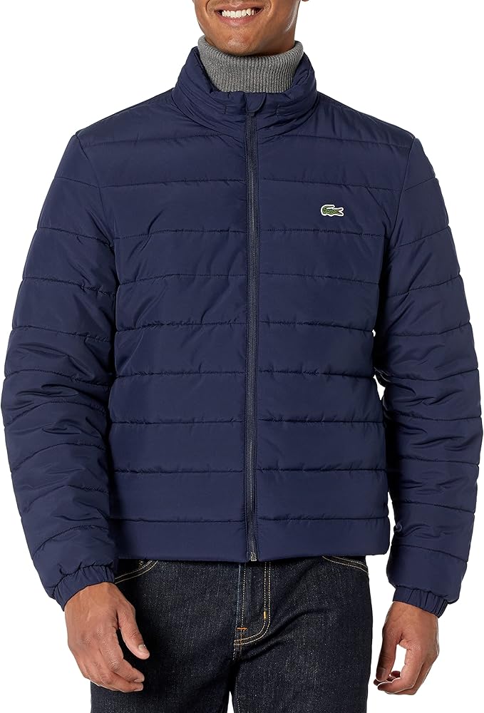 Lacoste mens Full Zip Crinkle Taffeta Hooded Jacket, Navy Blue/Navy Blue, Medium US