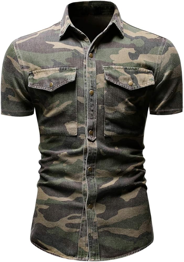 chouyatou Men's Military Style Short/Long Sleeve Camo Printed Button Down Shirt