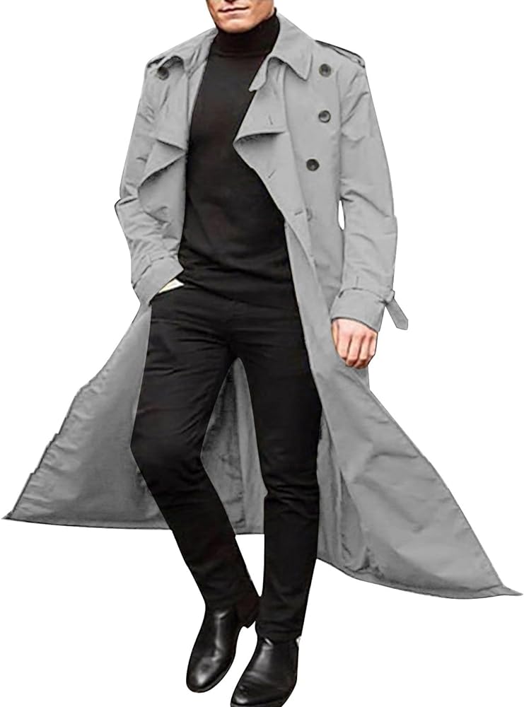 Trench Coat for Men Double Breasted Notched Lapel Casual Slim Fit Long Jacket Windbreaker Overcoats