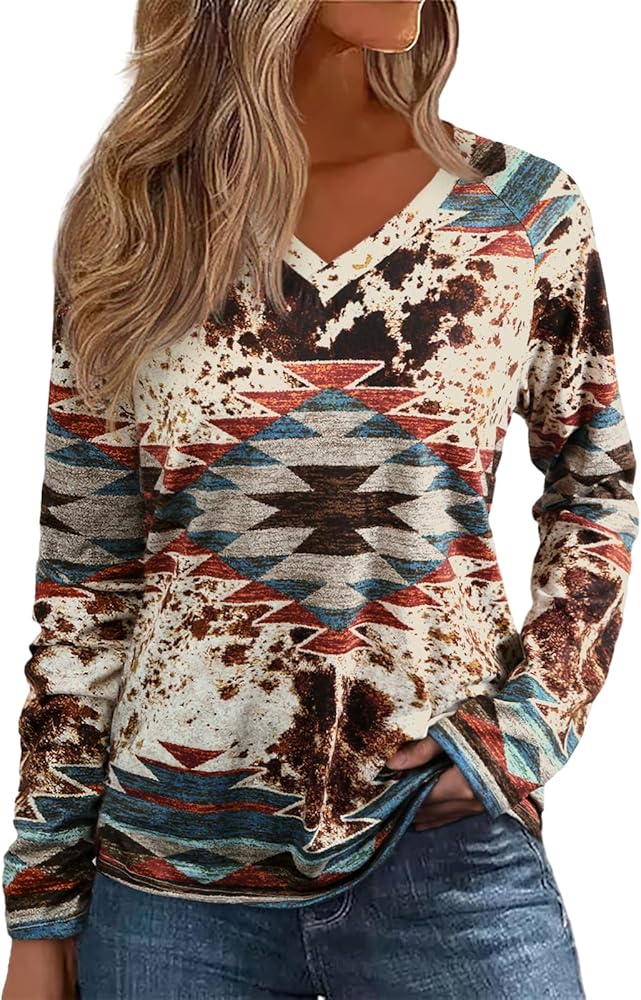 Womens Long Sleeve T Shirts Aztec Cow Print Western Henley Tops Ladies Graphic Tees Casual V Neck Loose Fit Blouse