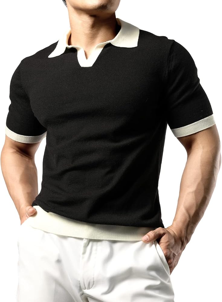 JOGAL Men's Muscle Slim Fit V Neck Knit Polo Shirts Short Sleeve Casual Pullover Golf Shirts