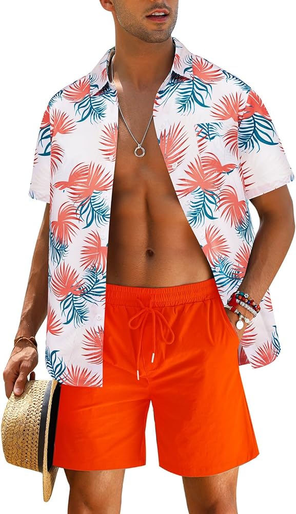 EISHOPEER Men's Flower Shirt Hawaiian Sets Casual Button Down Short Sleeve Shirt and Solid Quick Dry Beach Shorts S-3XL