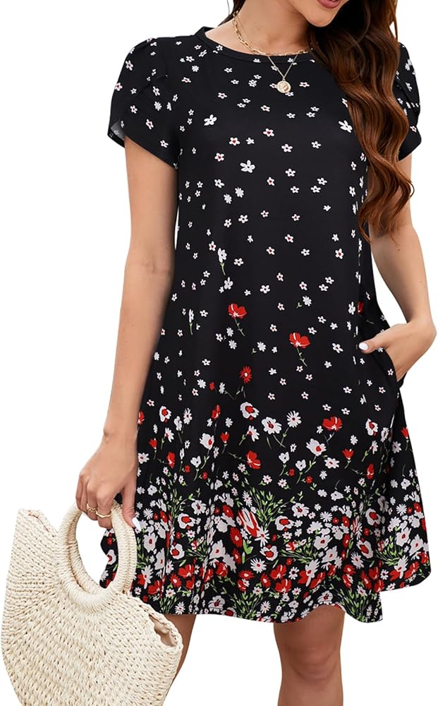 Bluetime Summer Dresses for Women 2024 Beach Floral Sundress Short Sleeve Pockets Casual Tshirt Dress